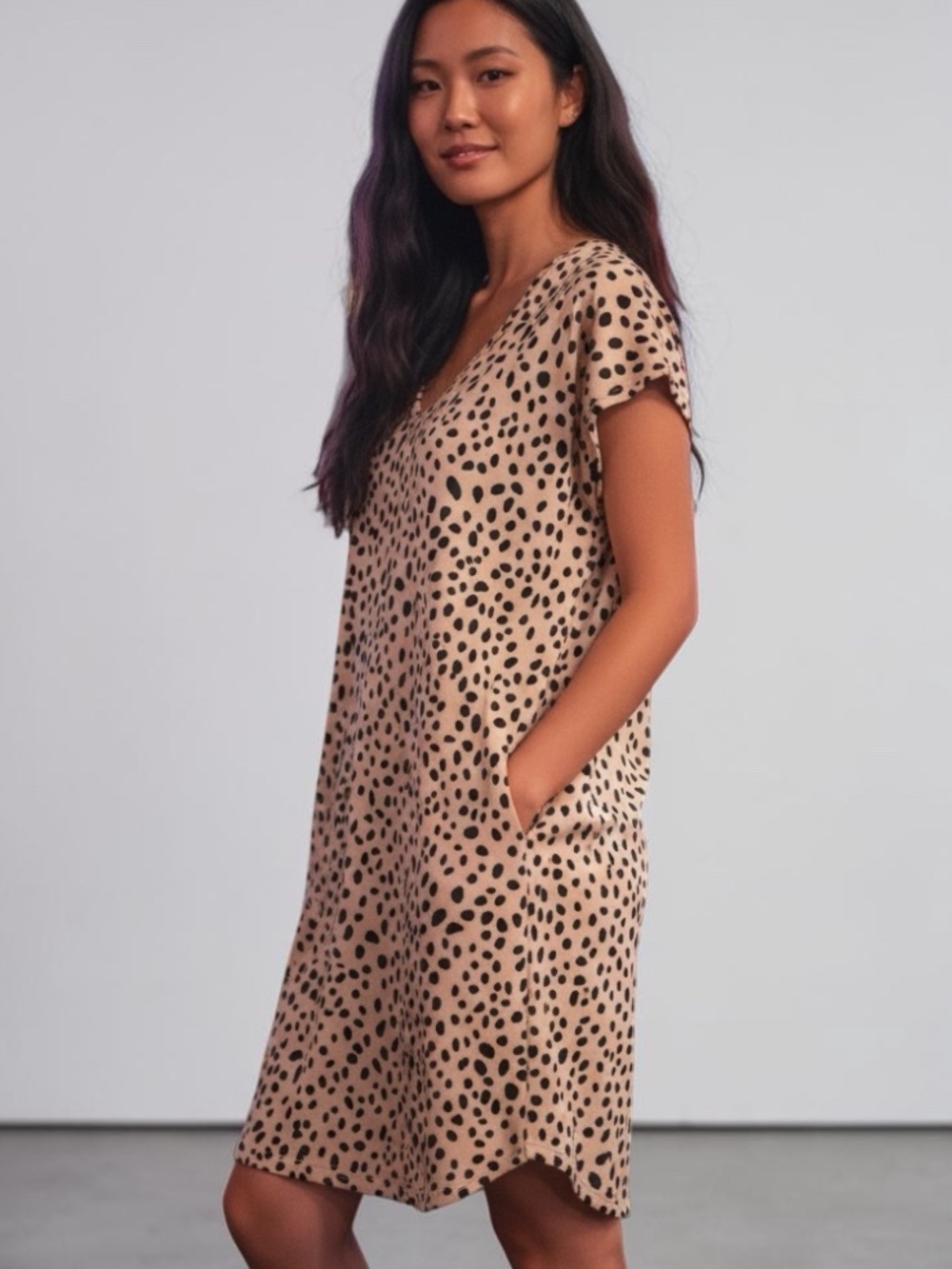 Tan and Black Dalmatian Print V Neck Dress Size Medium